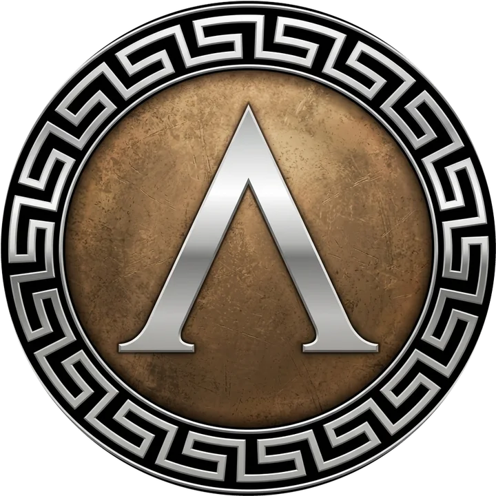 Spartan Precision lambda emblem: a silver lambda on bronze, inside a Greek key border.